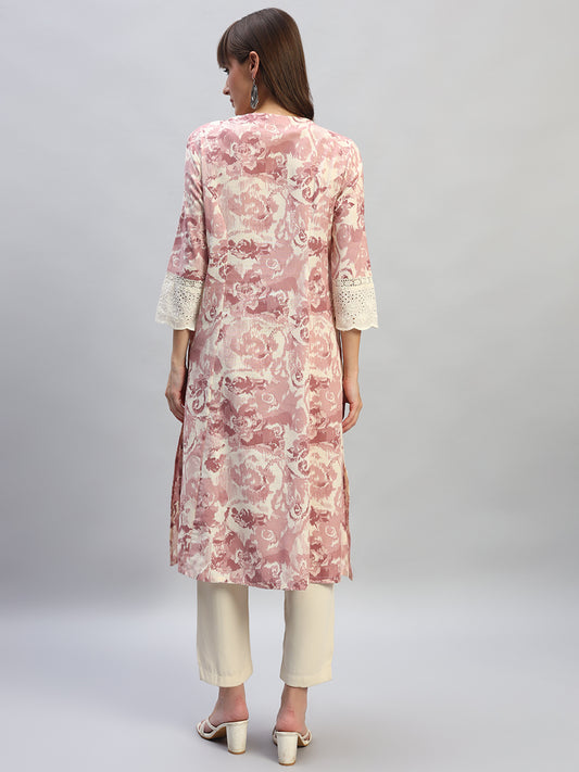 Women's Printed Pink Round Neck 3/4th Sleeves Casual Kurti