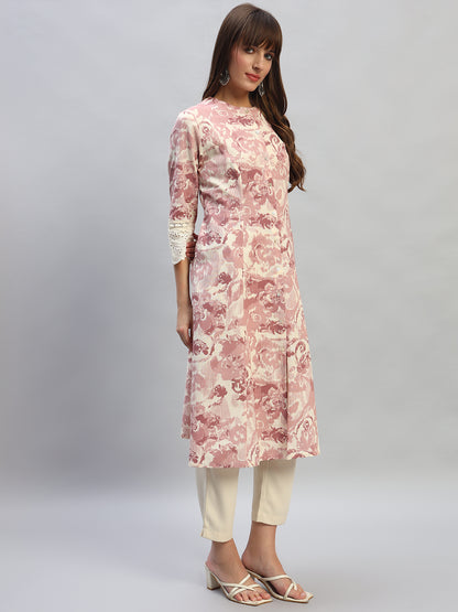 Women's Printed Pink Round Neck 3/4th Sleeves Casual Kurti