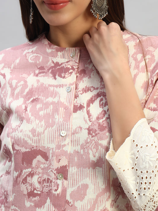 Women's Printed Pink Round Neck 3/4th Sleeves Casual Kurti