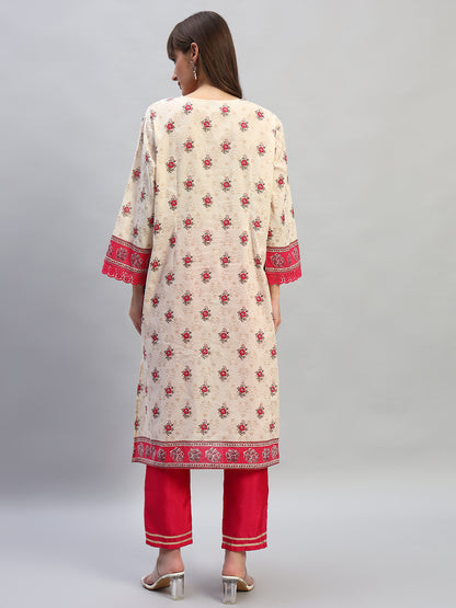 Women's Printed Pink Round Neck 3/4th Sleeves Casual Kurti