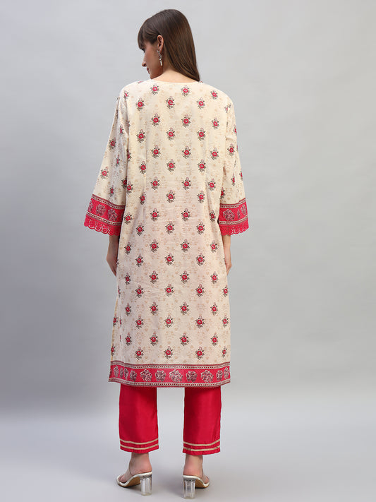 Women's Printed Pink Round Neck 3/4th Sleeves Casual Kurti
