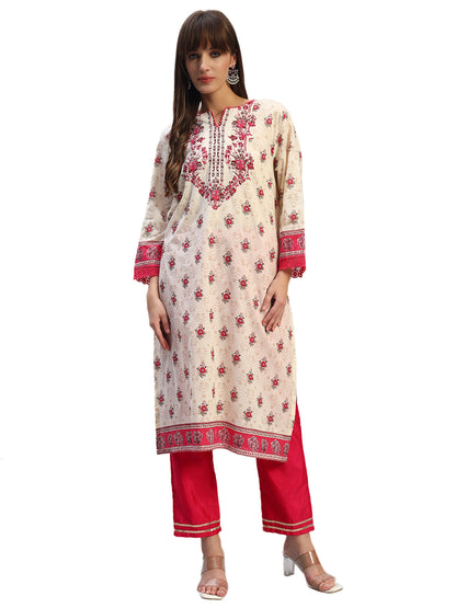 Women's Printed Pink Round Neck 3/4th Sleeves Casual Kurti