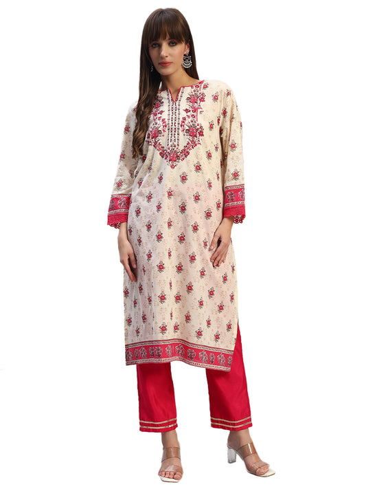 Women's Printed Pink Round Neck 3/4th Sleeves Casual Kurti