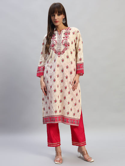 Women's Printed Pink Round Neck 3/4th Sleeves Casual Kurti