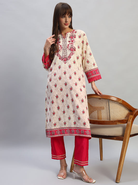 Women's Printed Pink Round Neck 3/4th Sleeves Casual Kurti
