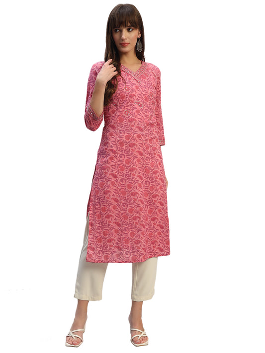 Women's Printed Onion V-Neck 3/4th Sleeves Casual Kurti