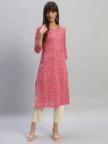 Women's Printed Onion V-Neck 3/4th Sleeves Casual Kurti