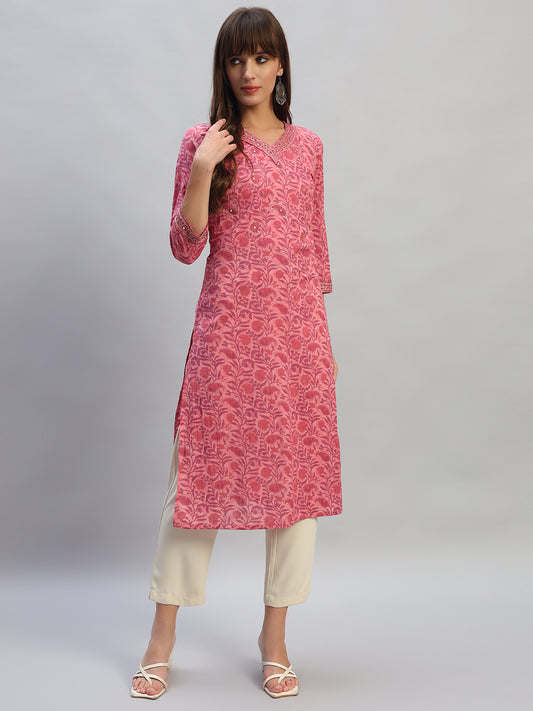 Women's Printed Onion V-Neck 3/4th Sleeves Casual Kurti