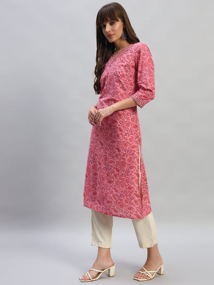 Women's Printed Onion V-Neck 3/4th Sleeves Casual Kurti