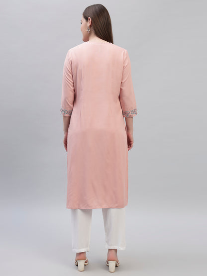 Women's Pink Embroidery 3/4th Sleeves Round Neck Casual Kurti