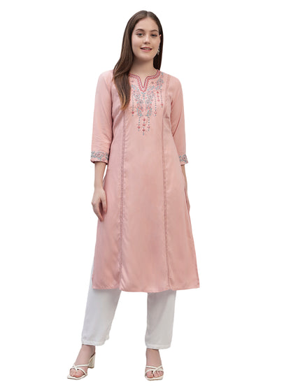 Women's Pink Embroidery 3/4th Sleeves Round Neck Casual Kurti