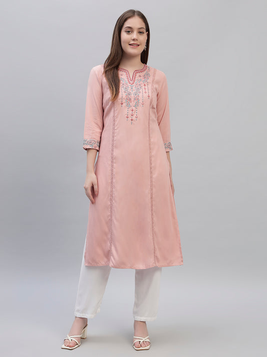 Women's Pink Embroidery 3/4th Sleeves Round Neck Casual Kurti