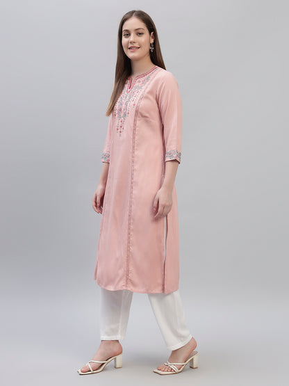 Women's Pink Embroidery 3/4th Sleeves Round Neck Casual Kurti