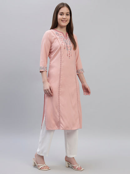 Women's Pink Embroidery 3/4th Sleeves Round Neck Casual Kurti