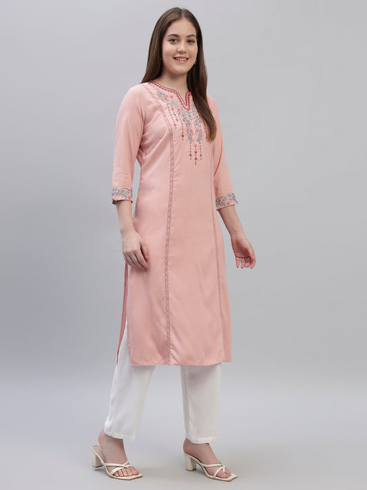 Women's Pink Embroidery 3/4th Sleeves Round Neck Casual Kurti