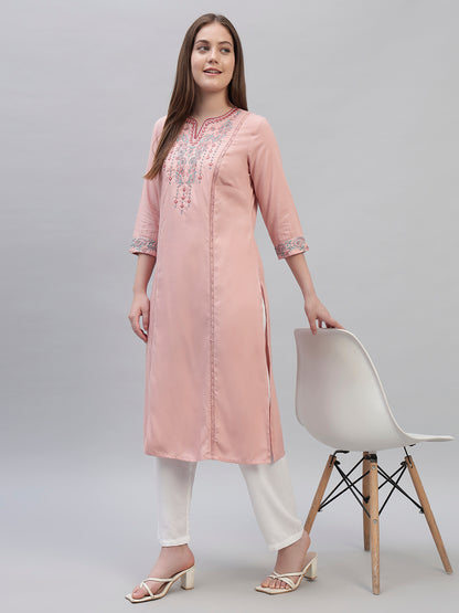 Women's Pink Embroidery 3/4th Sleeves Round Neck Casual Kurti