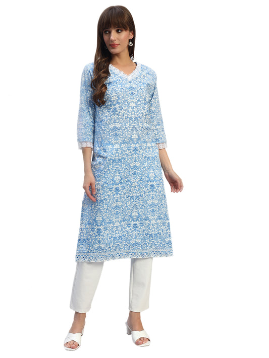 Women's Printed Blue V-Neck 3/4th Sleeves Casual Kurti