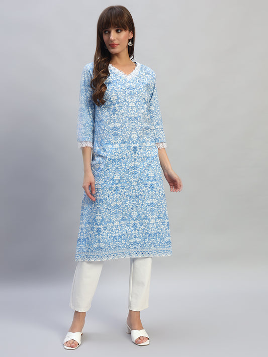 Women's Printed Blue V-Neck 3/4th Sleeves Casual Kurti