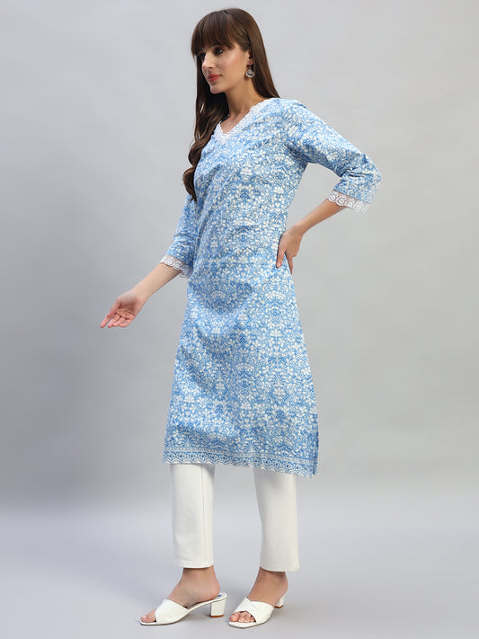 Women's Printed Blue V-Neck 3/4th Sleeves Casual Kurti