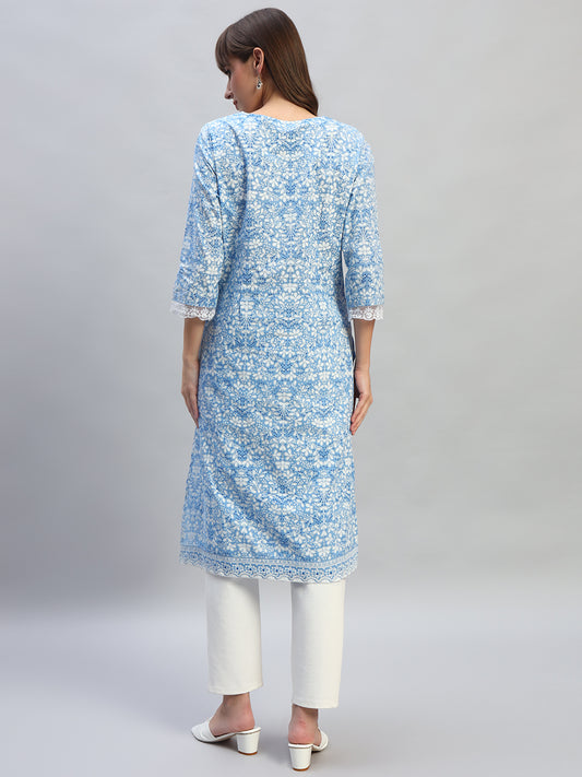 Women's Printed Blue V-Neck 3/4th Sleeves Casual Kurti