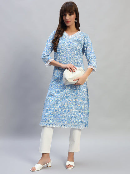 Women's Printed Blue V-Neck 3/4th Sleeves Casual Kurti
