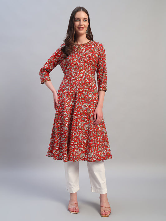Women's Printed Rust Round Neck 3/4th Sleeves Casual Kurti