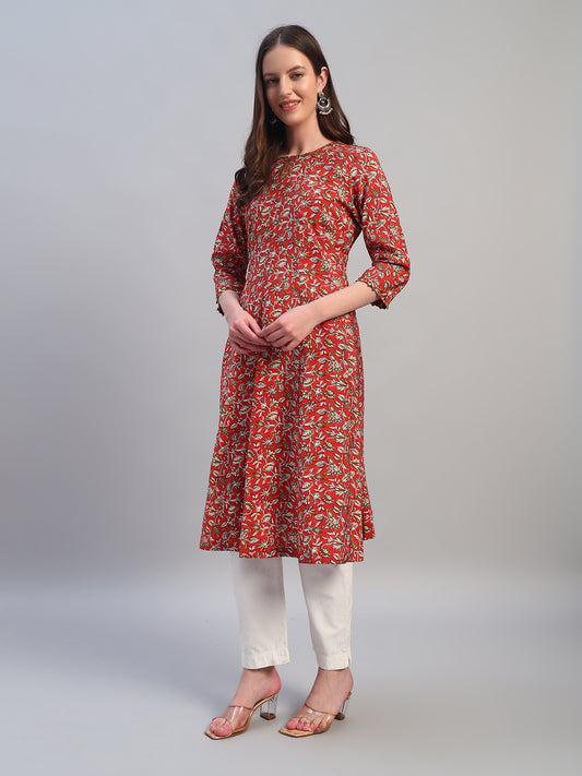 Women's Printed Rust Round Neck 3/4th Sleeves Casual Kurti