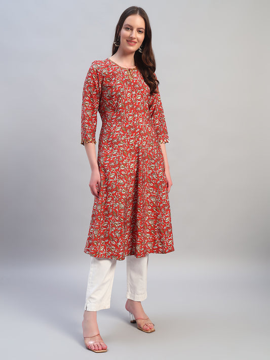 Women's Printed Rust Round Neck 3/4th Sleeves Casual Kurti