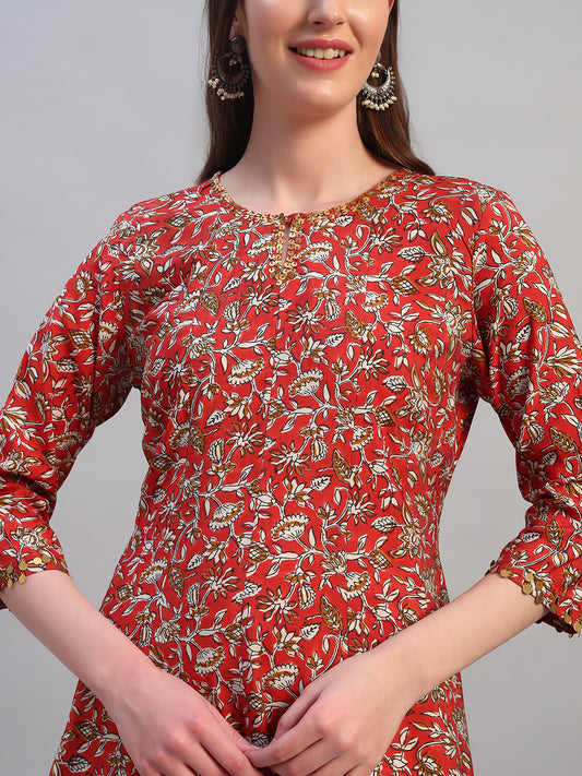 Women's Printed Rust Round Neck 3/4th Sleeves Casual Kurti