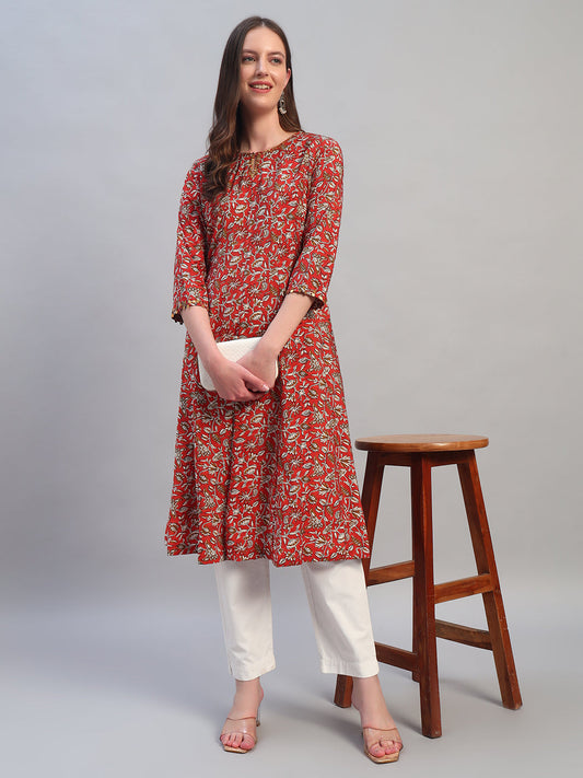 Women's Printed Rust Round Neck 3/4th Sleeves Casual Kurti