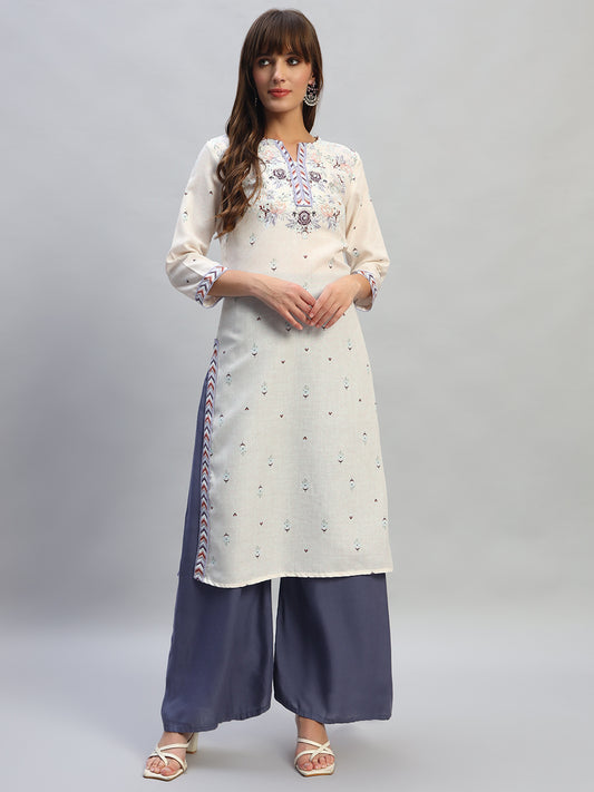 Women's Printed Ivory V-Neck 3/4th Sleeves Casual Kurti