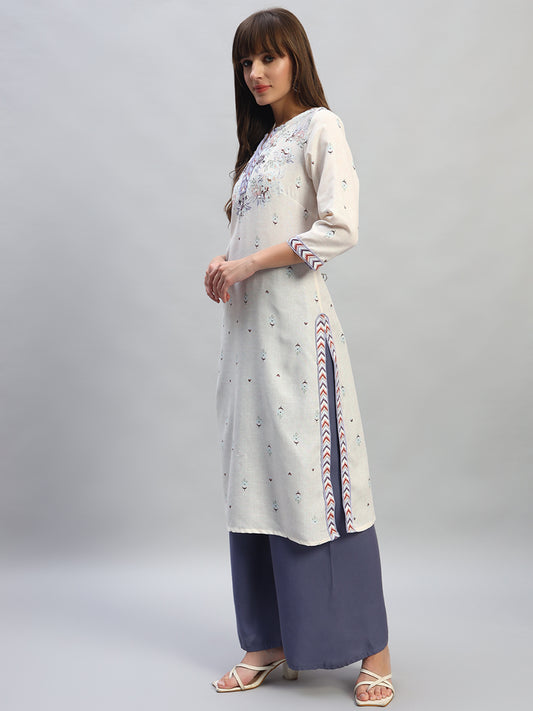 Women's Printed Ivory V-Neck 3/4th Sleeves Casual Kurti