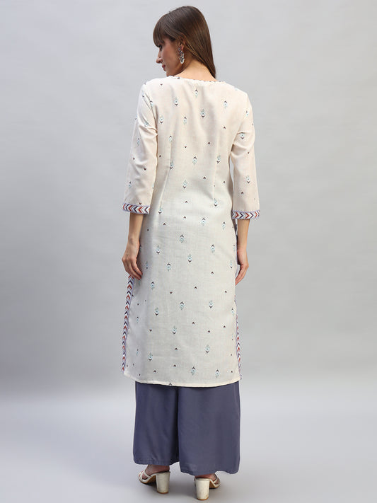 Women's Printed Ivory V-Neck 3/4th Sleeves Casual Kurti