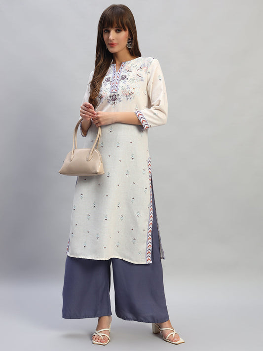Women's Printed Ivory V-Neck 3/4th Sleeves Casual Kurti