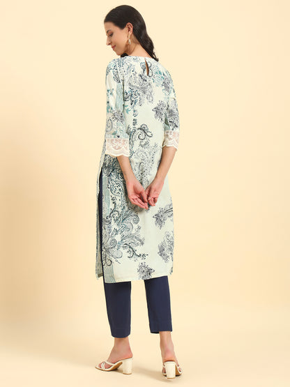 Women's Blue Printed 3/4th Sleeve Round Neck Casual Kurti