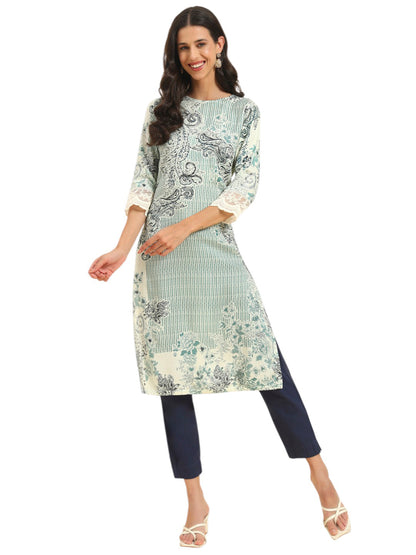 Women's Blue Printed 3/4th Sleeve Round Neck Casual Kurti