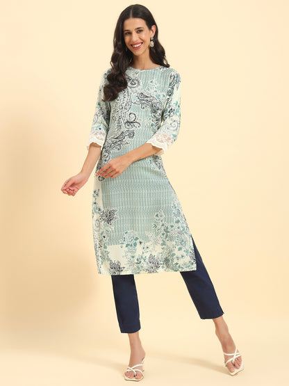 Women's Blue Printed 3/4th Sleeve Round Neck Casual Kurti