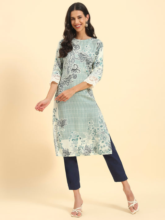Women's Blue Printed 3/4th Sleeve Round Neck Casual Kurti