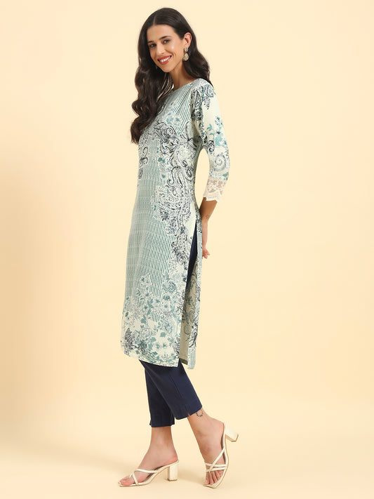 Women's Blue Printed 3/4th Sleeve Round Neck Casual Kurti