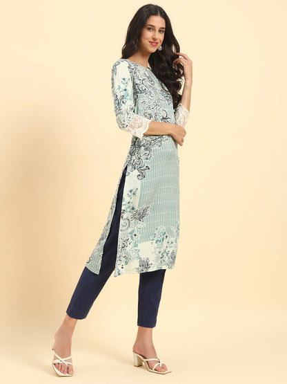 Women's Blue Printed 3/4th Sleeve Round Neck Casual Kurti