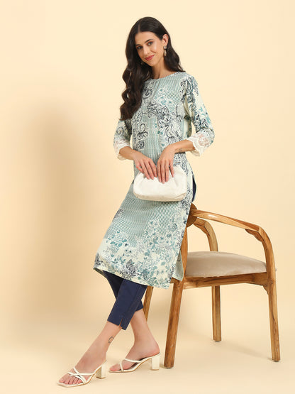 Women's Blue Printed 3/4th Sleeve Round Neck Casual Kurti
