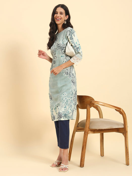 Women's Blue Printed 3/4th Sleeve Round Neck Casual Kurti