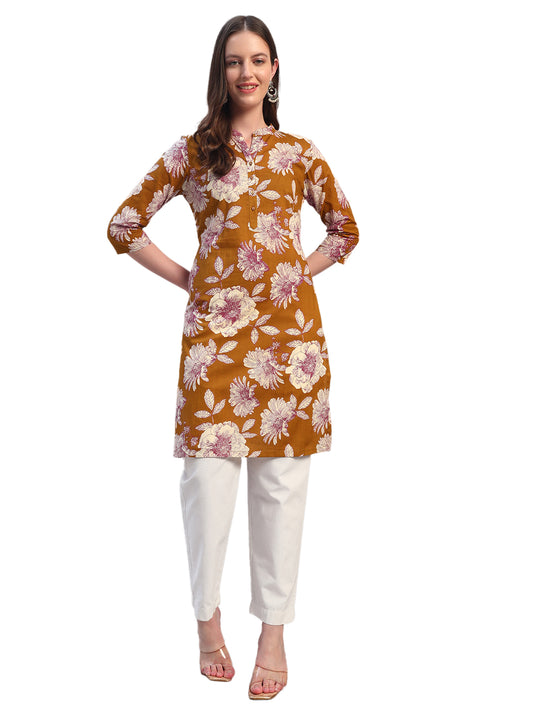 Women Printed Mustard 3/4th Sleeves Regular Fit Kurti