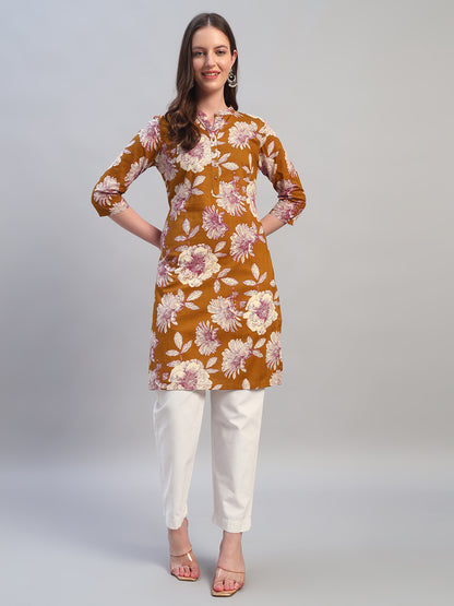 Women Printed Mustard 3/4th Sleeves Regular Fit Kurti