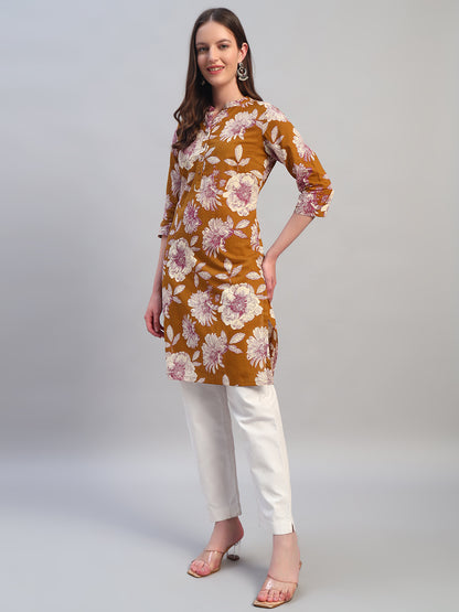 Women Printed Mustard 3/4th Sleeves Regular Fit Kurti