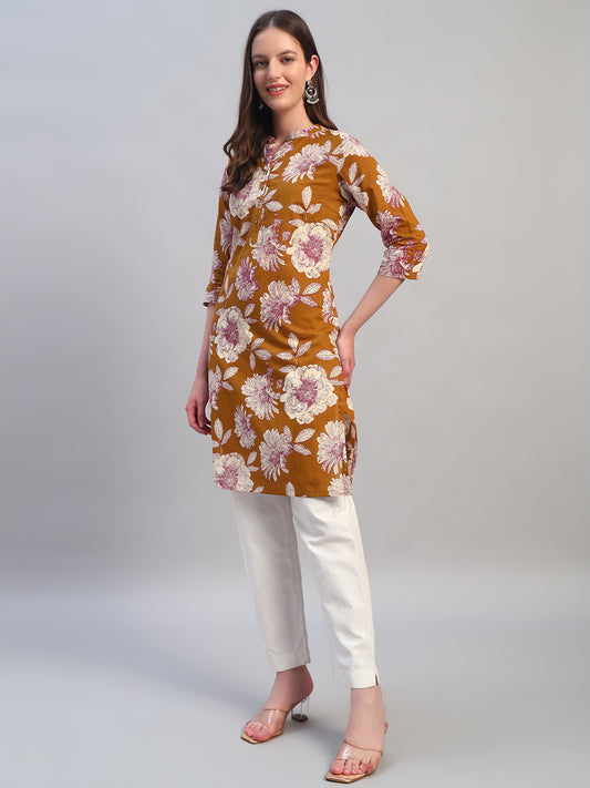 Women Printed Mustard 3/4th Sleeves Regular Fit Kurti