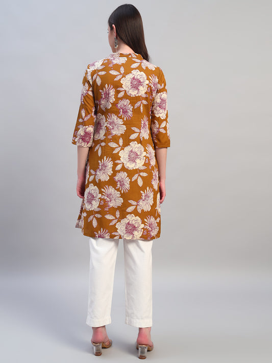 Women Printed Mustard 3/4th Sleeves Regular Fit Kurti