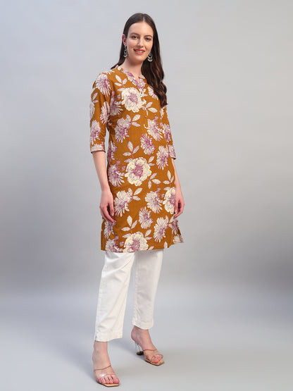 Women Printed Mustard 3/4th Sleeves Regular Fit Kurti