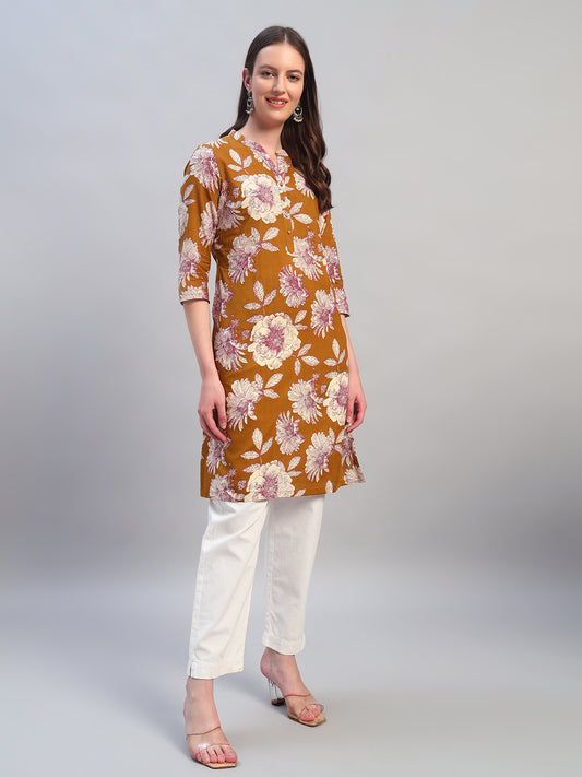 Women Printed Mustard 3/4th Sleeves Regular Fit Kurti