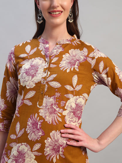 Women Printed Mustard 3/4th Sleeves Regular Fit Kurti